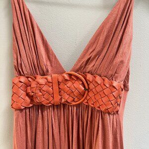 Sky Maxi Dress‎ Leather Belt Plunge V Neck Pleated Coral Melon Halter NEW Small